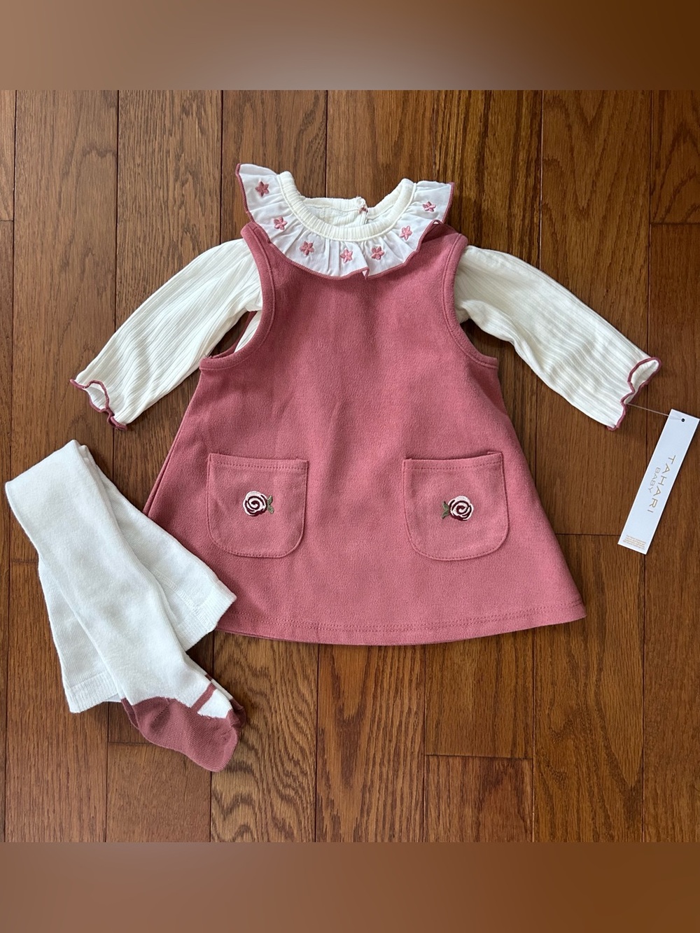 Tahari Pink Pinafore Dress, Cream Floral-Trim Top, Tights Set 0-3M NWT